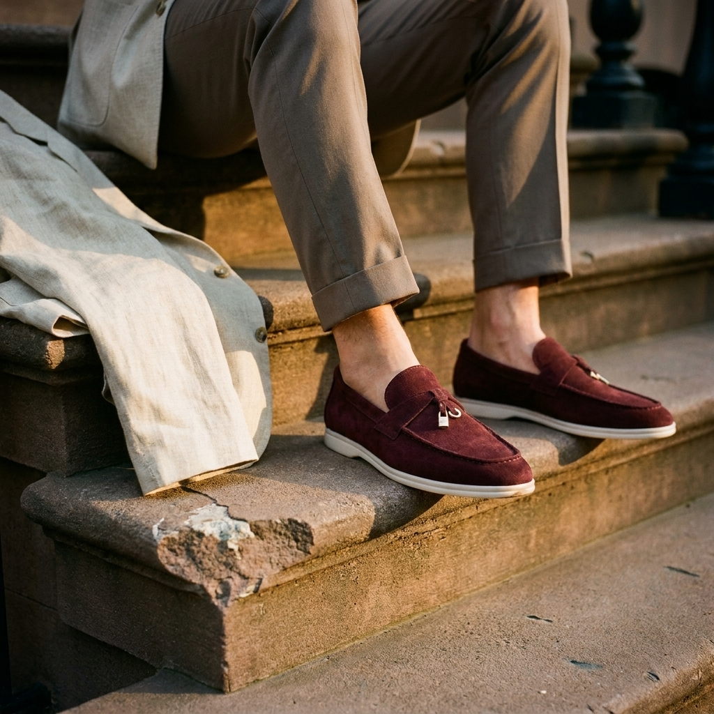 Mustard green matte sheepskin suede loafer side profile on stone stoop worn showing low heel and slip-on design
