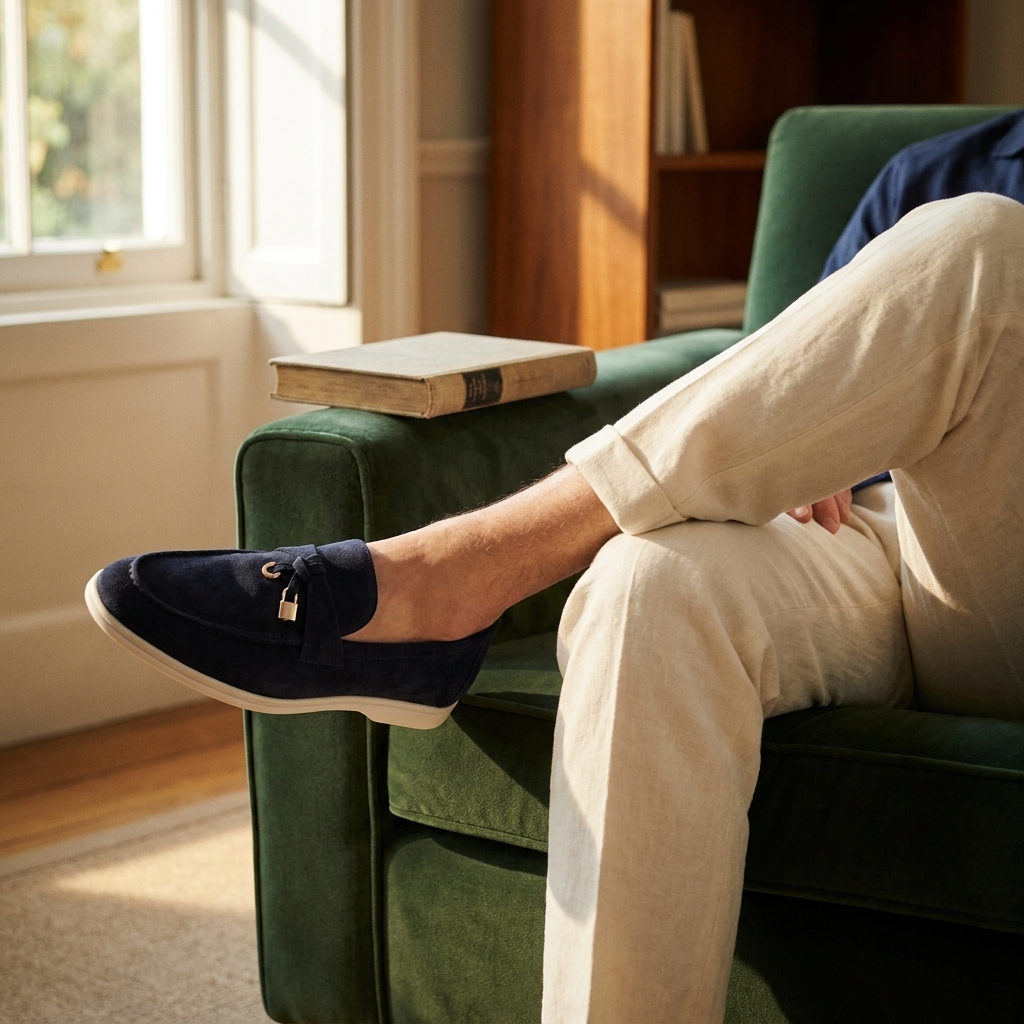 Brown matte sheepskin suede loafer at three-quarter angle on club chair highlighting low heel and round toe
