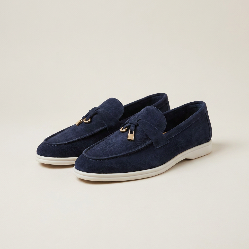 Detail shot of navy blue matte sheepskin suede loafer stitching and low heel with round toe visible
