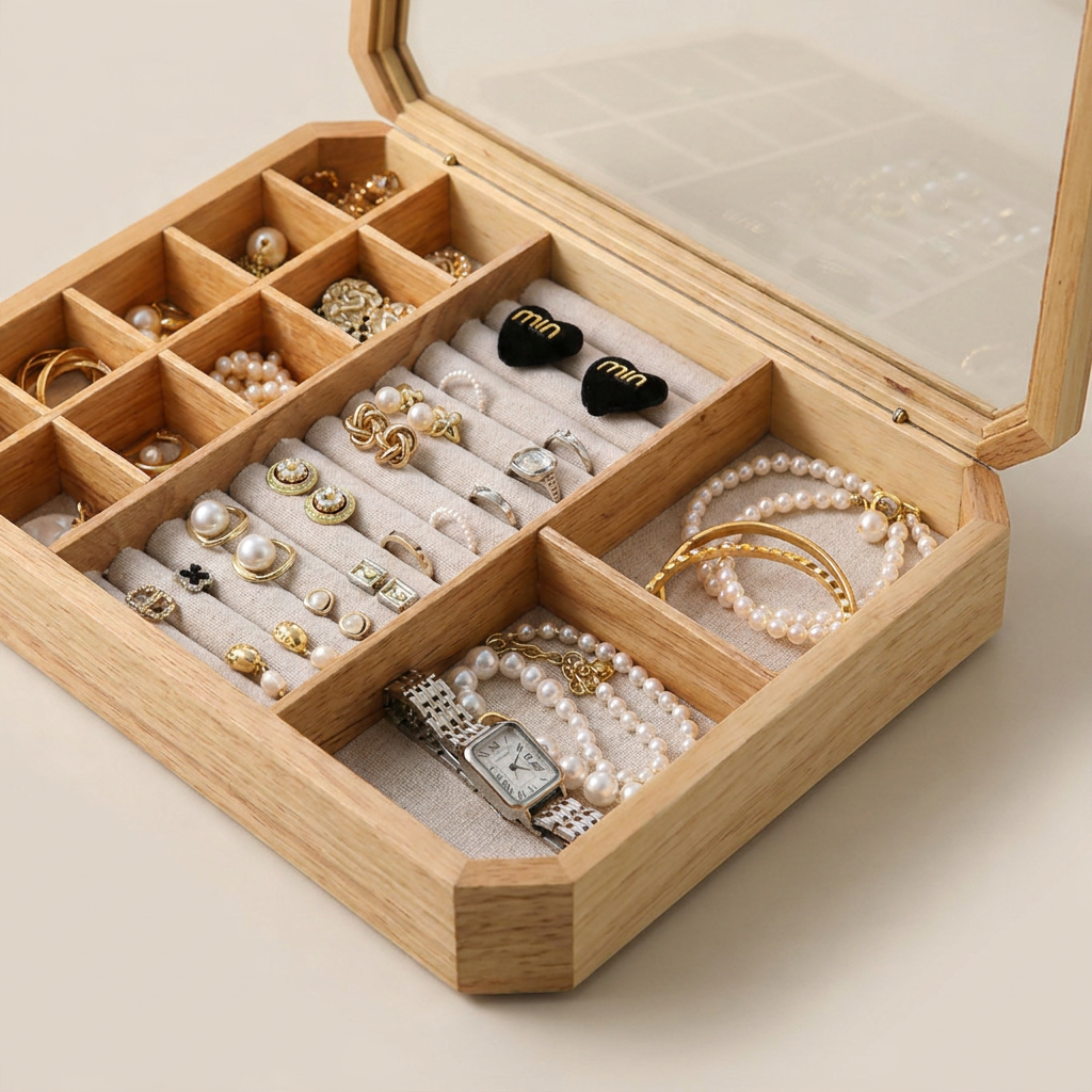 Close-up angle detail of solid oak octagonal jewelry box with glass lid