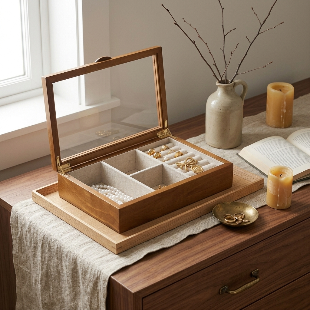 Low angle of solid oak octagonal glass lid jewelry box on homey bedroom dresser