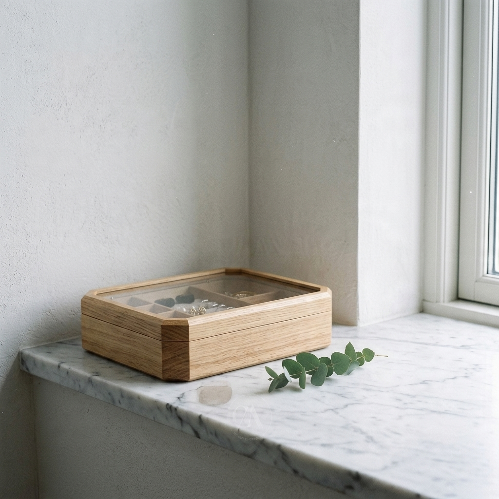 Three-quarter angle of solid oak octagonal jewelry box on minimalist vanity at eye level with glass lid