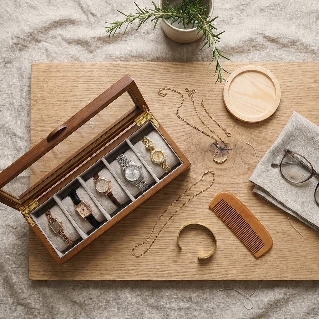 Top-down flat lay of solid oak octagonal jewelry box with glass lid on homey vanity