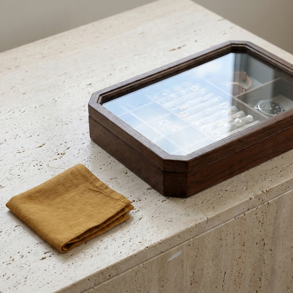 Top-down view of solid oak octagonal jewelry box with glass lid on minimalist stone tray