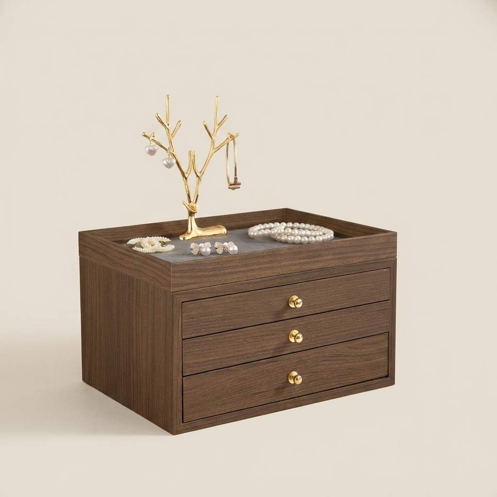Close-up of solid walnut striped jewelry box showing brass knobs and fine striped wood finish