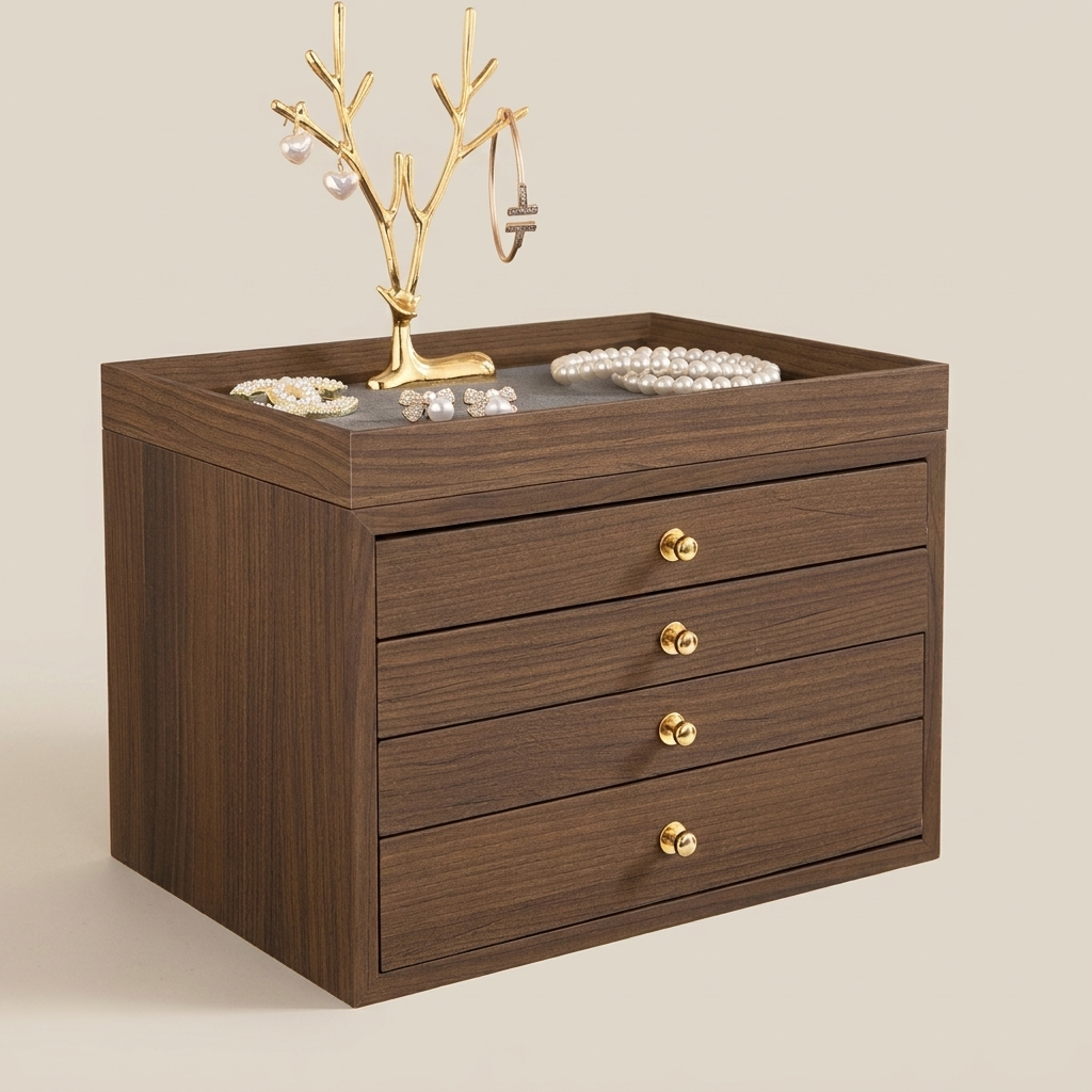 Detail shot of brass knobs and solid walnut hardwood texture on striped four-drawer jewelry box