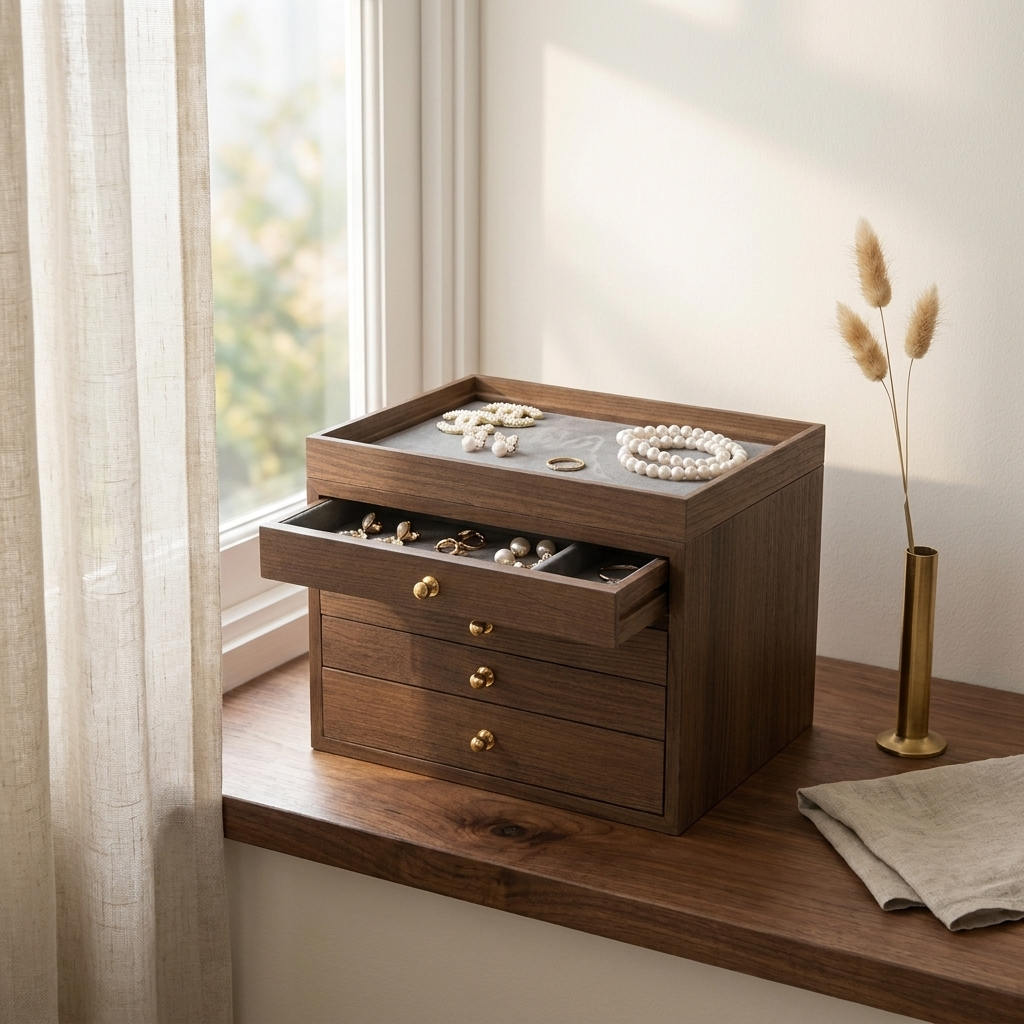 Lifestyle front view of solid walnut begonia flower window three-drawer jewelry box with black walnut veneer and brass knobs