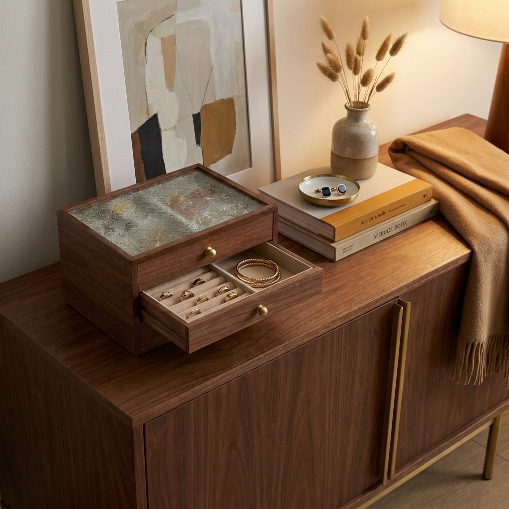 Lifestyle side profile of solid walnut upright cabinet style four-drawer jewelry box on wooden surface with brass knobs