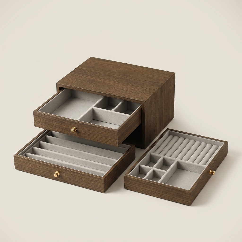Three-quarter view of solid walnut striped jewelry box beside sofa side showing brass knobs and drawer layout