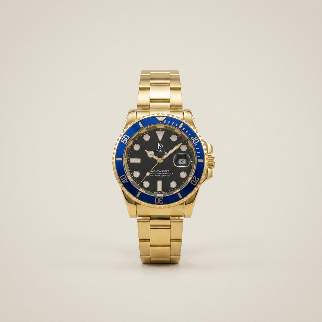 Stainless steel round analog digital quartz 36mm wrist watch front view in silver with black dial and blue bezel under coated glass