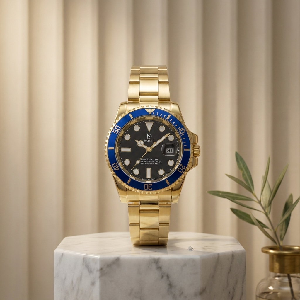 Three-quarter angle lifestyle shot of gold stainless steel round analog digital quartz wrist watch with blue bezel on marble vitrine