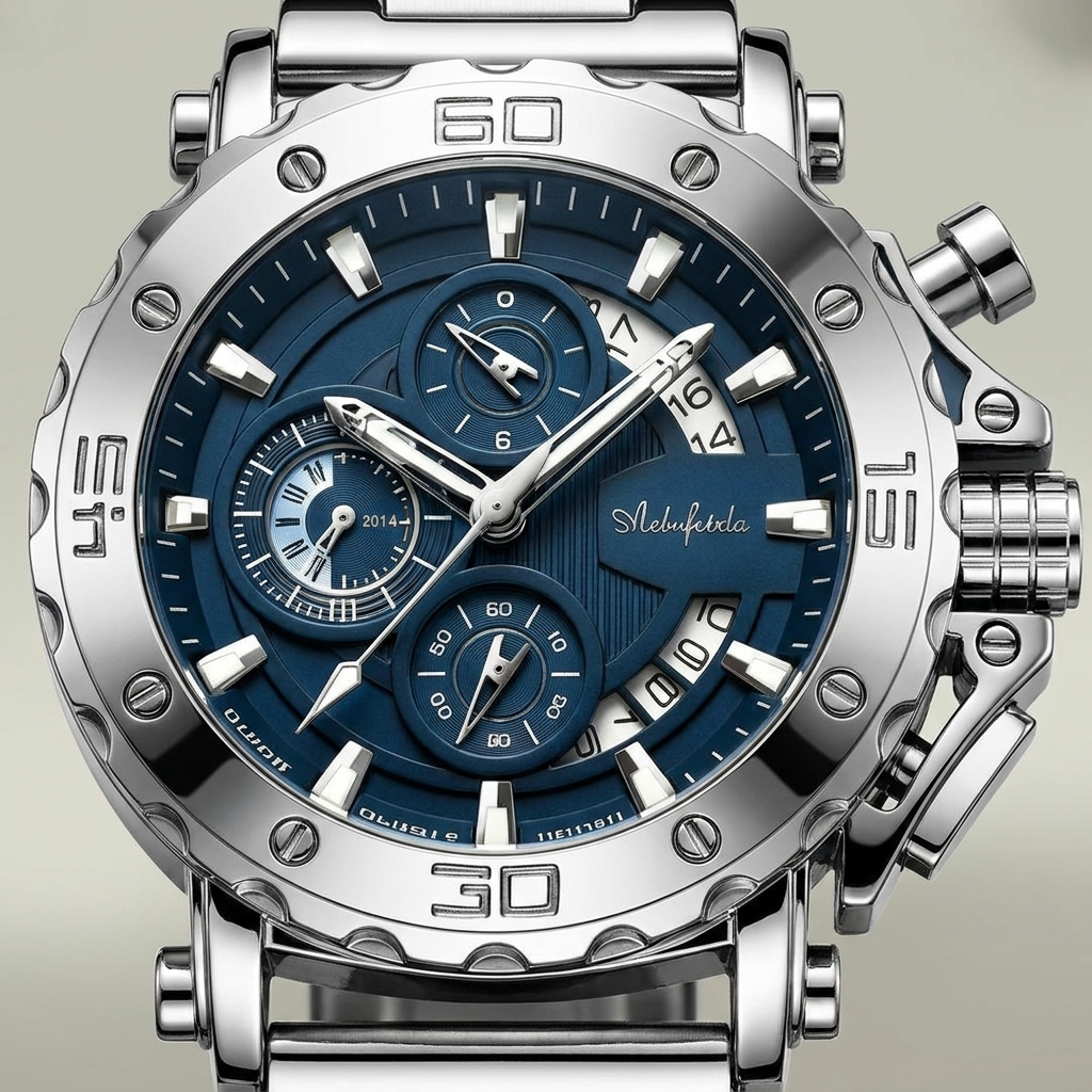 Front detail of stainless steel round luminous quartz men's watch showing steel blue dial luminous hands and mineral reinforced glass
