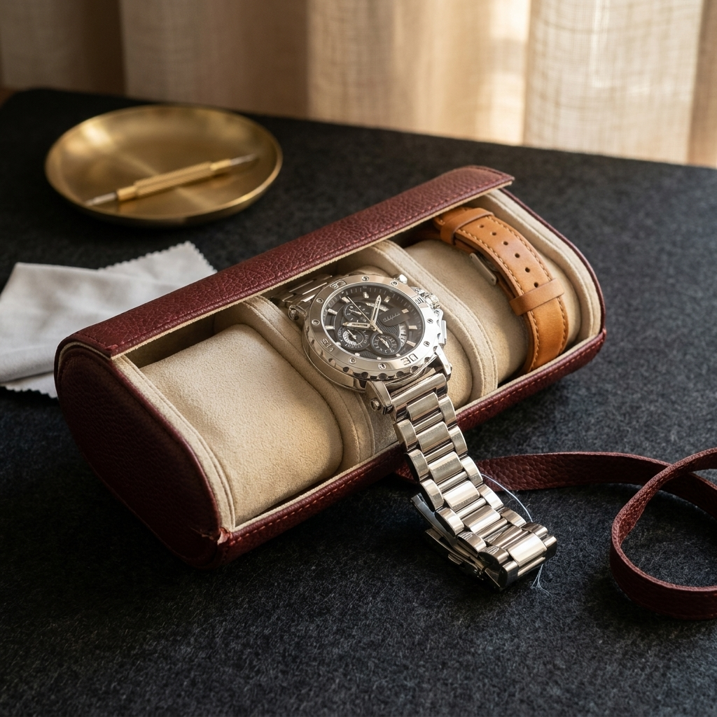 Close-up of stainless steel round luminous quartz men's watch with steel black dial on open leather roll with pebble texture