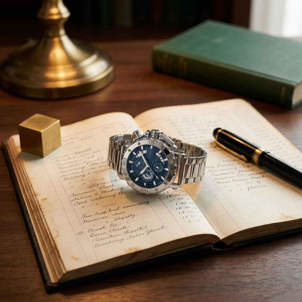 Stainless steel round luminous quartz men's watch front view with steel blue dial on open foxed ledger pages