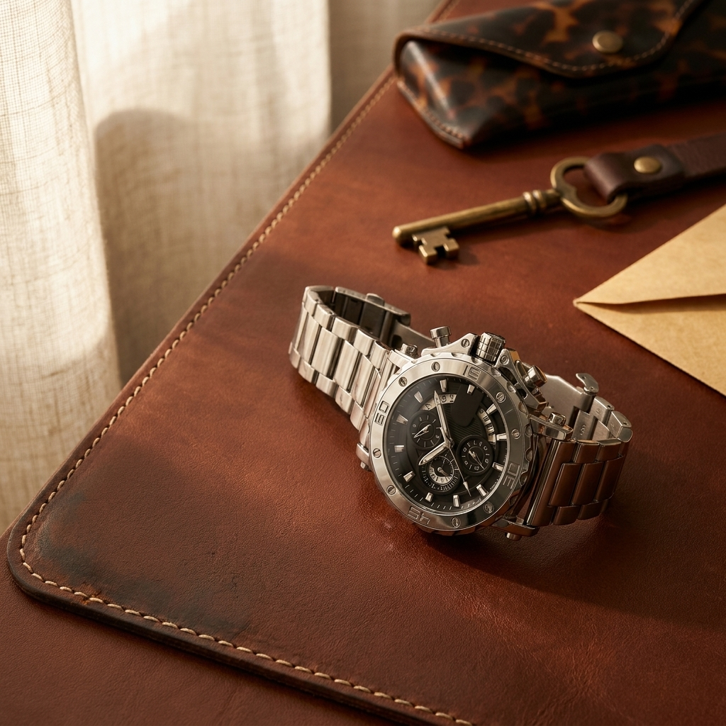 Stainless steel round luminous quartz men's watch side profile with steel black dial placed on saddle leather desk mat