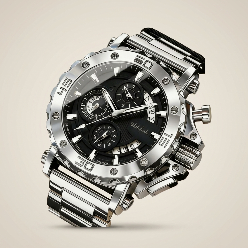 Side profile of stainless steel round luminous quartz men's watch with steel black dial butterfly double press buckle and water resistant