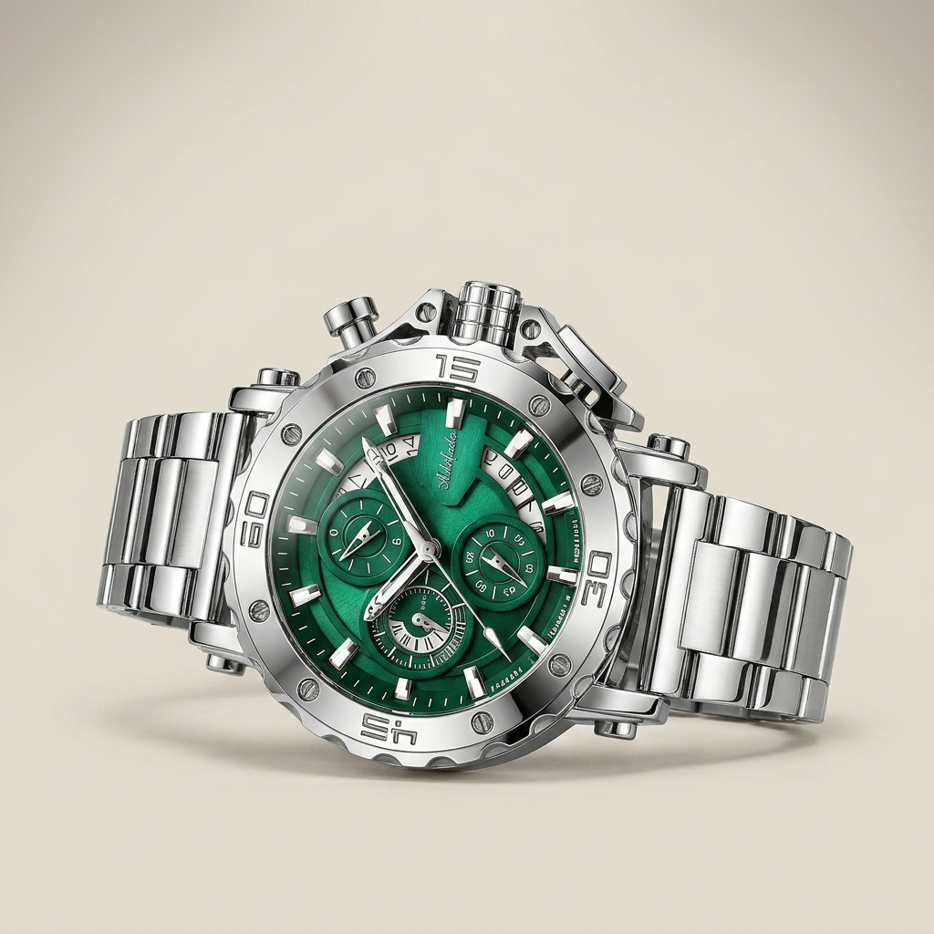 Three-quarter view of stainless steel round luminous quartz men's watch with steel green dial true six hands and stainless steel band