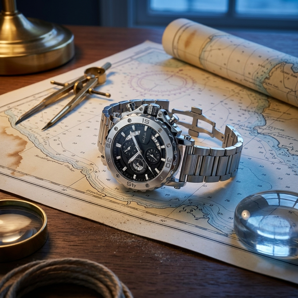 Lifestyle scene of stainless steel round quartz watch steel black dial resting on bedside ceramic catch dish