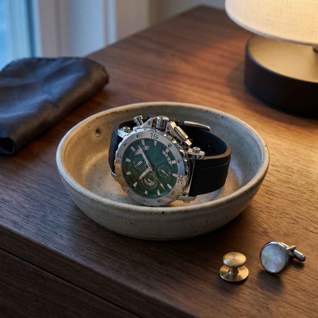 Lifestyle image of stainless steel round quartz watch steel green dial on travel valet at hotel ledge