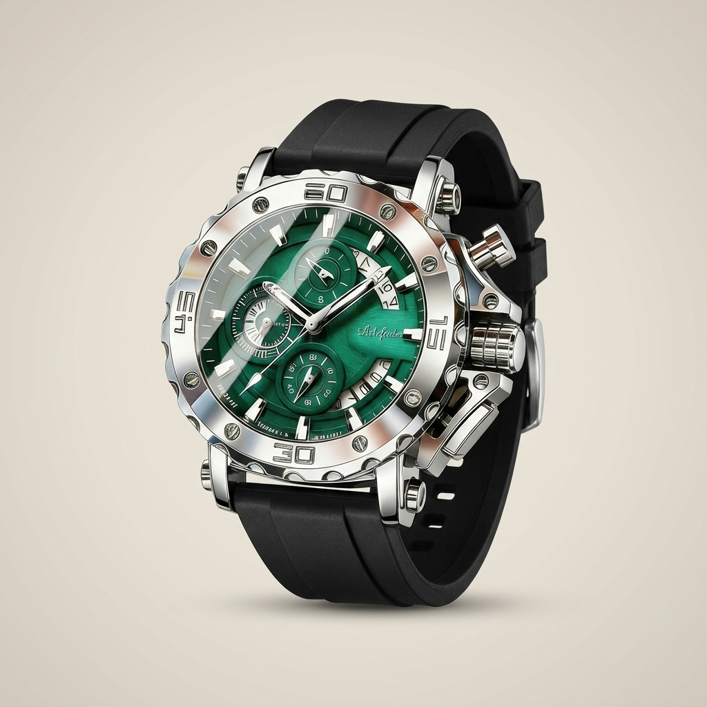 Stainless steel round quartz watch with steel green dial at three-quarter angle showing analog display and luminous hands