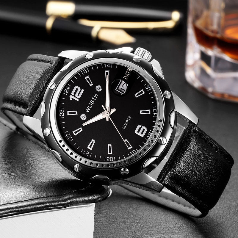 Stainless Steel Round Quartz Water-Resistant Calendar Men’s Wristwatch front view close-up with black dial black leather band and luminous hands