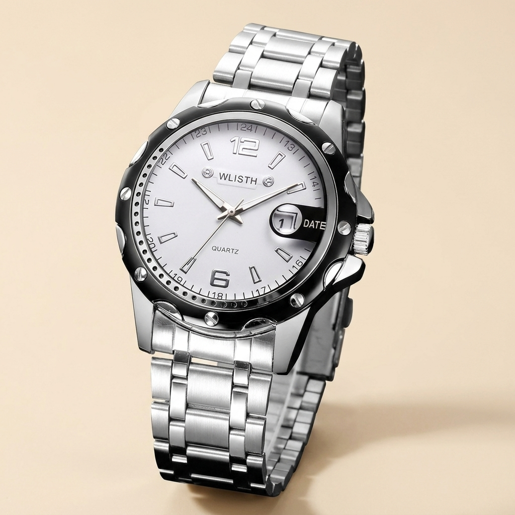 Stainless Steel Round Quartz Water-Resistant Calendar Men’s Wristwatch front view with white dial steel band and luminous hands