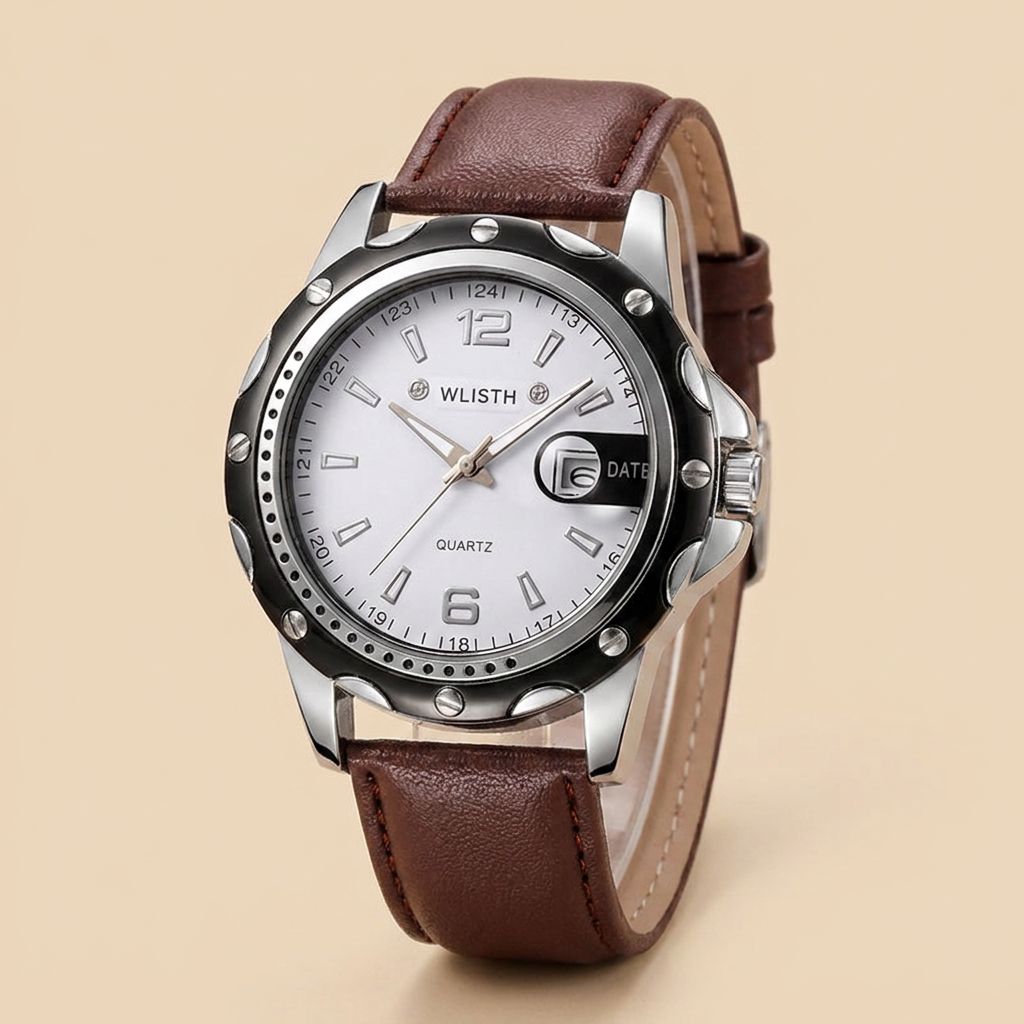 Stainless Steel Round Quartz Water-Resistant Calendar Men’s Wristwatch side profile with white dial leather band and luminous hands