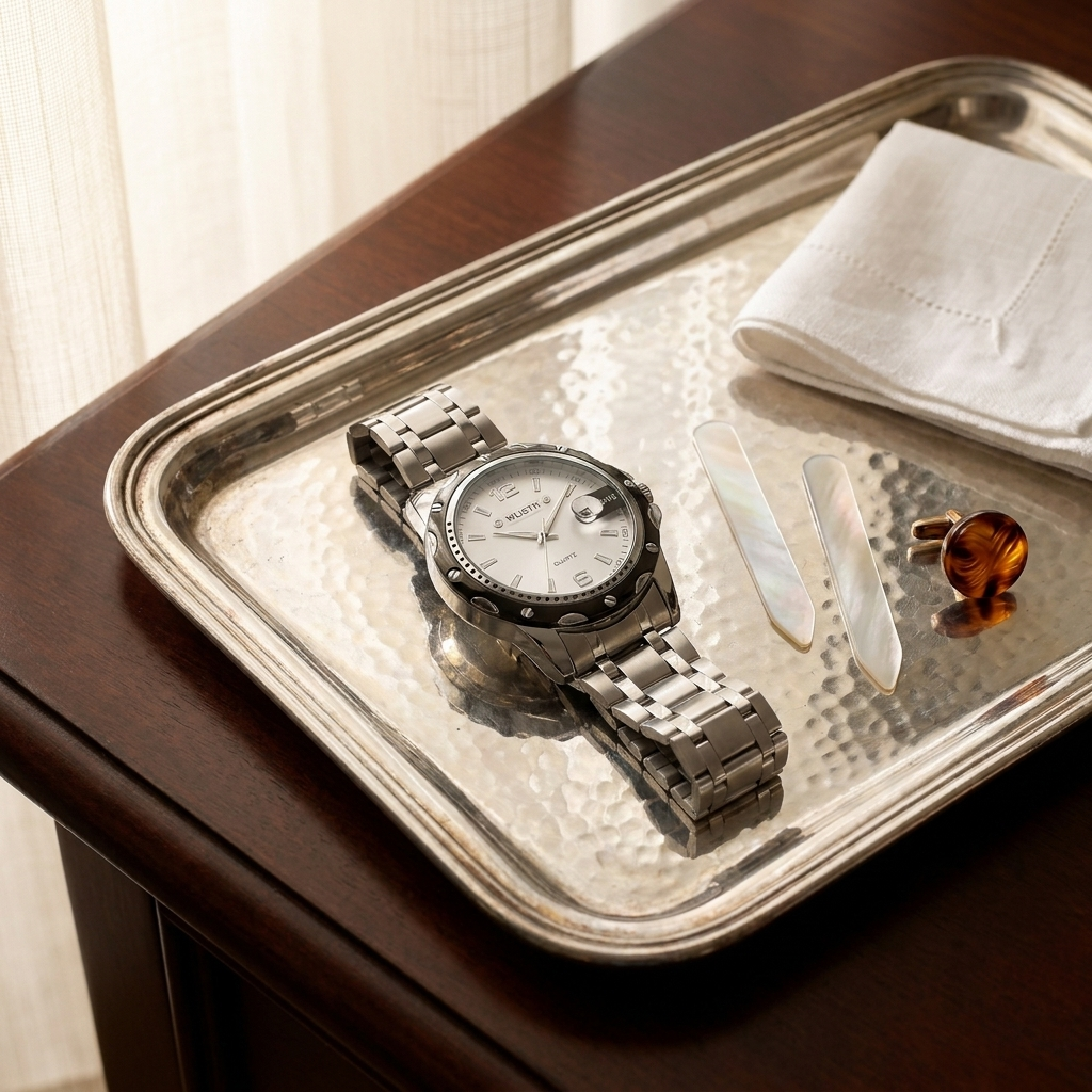 Stainless Steel Round Quartz Water-Resistant Calendar Men’s Wristwatch three-quarter angle with white dial leather band on dressing valet silver tray