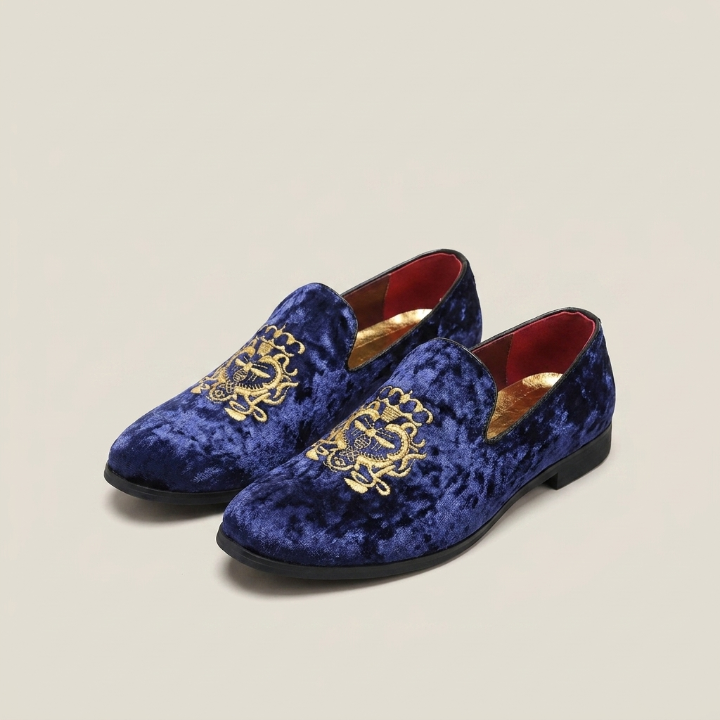 Black ZL01 model suede loafers front view showing embroidered totem and breathable mid-cut slip-on