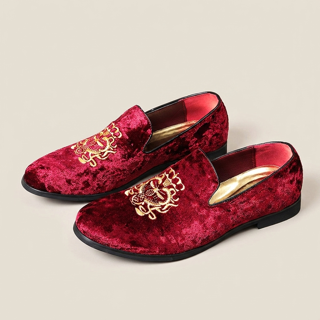 Blue suede men's loafers front view with embroidered totem design and breathable mid-cut slip-on