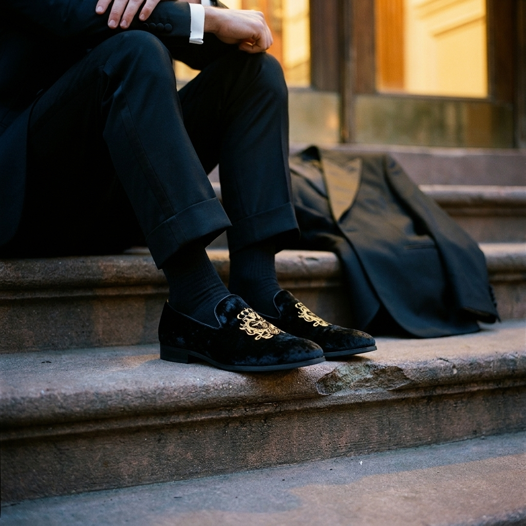 Black T002 model suede loafers front view with embroidered totem and low chunky heel