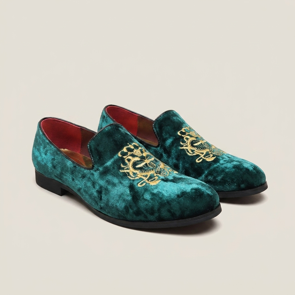 Blue T002 model suede loafers front view with embroidered totem and low chunky heel