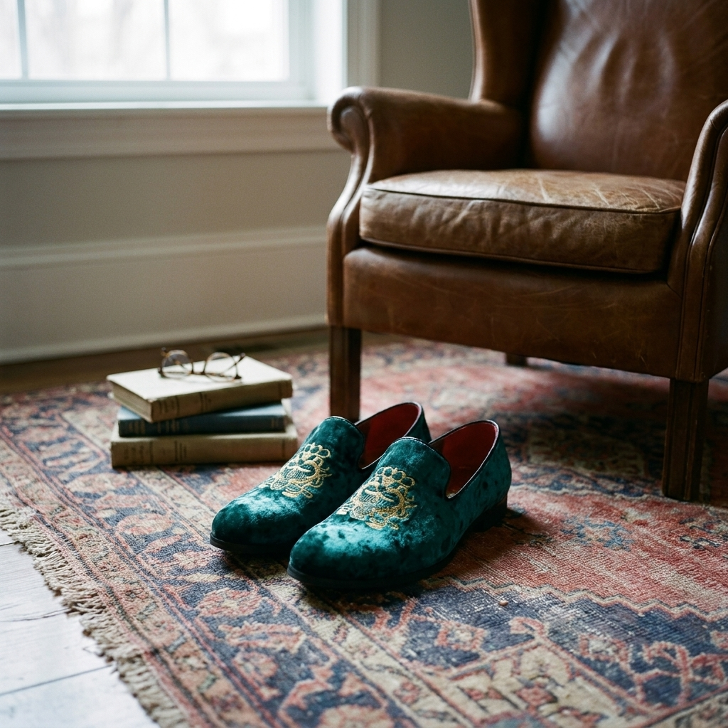 Top-down detail shot of red T002 model suede loafers showing embroidered totem and mid-cut slip-on opening