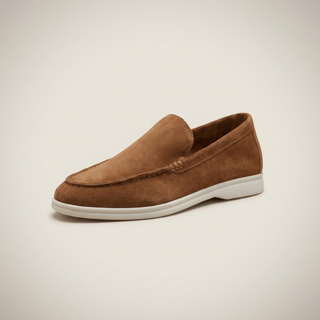 Close-up side detail of burgundy suede loafer shoe showing rubber sole with adhesive-bonded construction and low heel