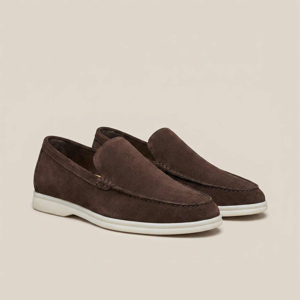 Camel suede round toe slip-on loafer shoe front view with low heel and stitching detail