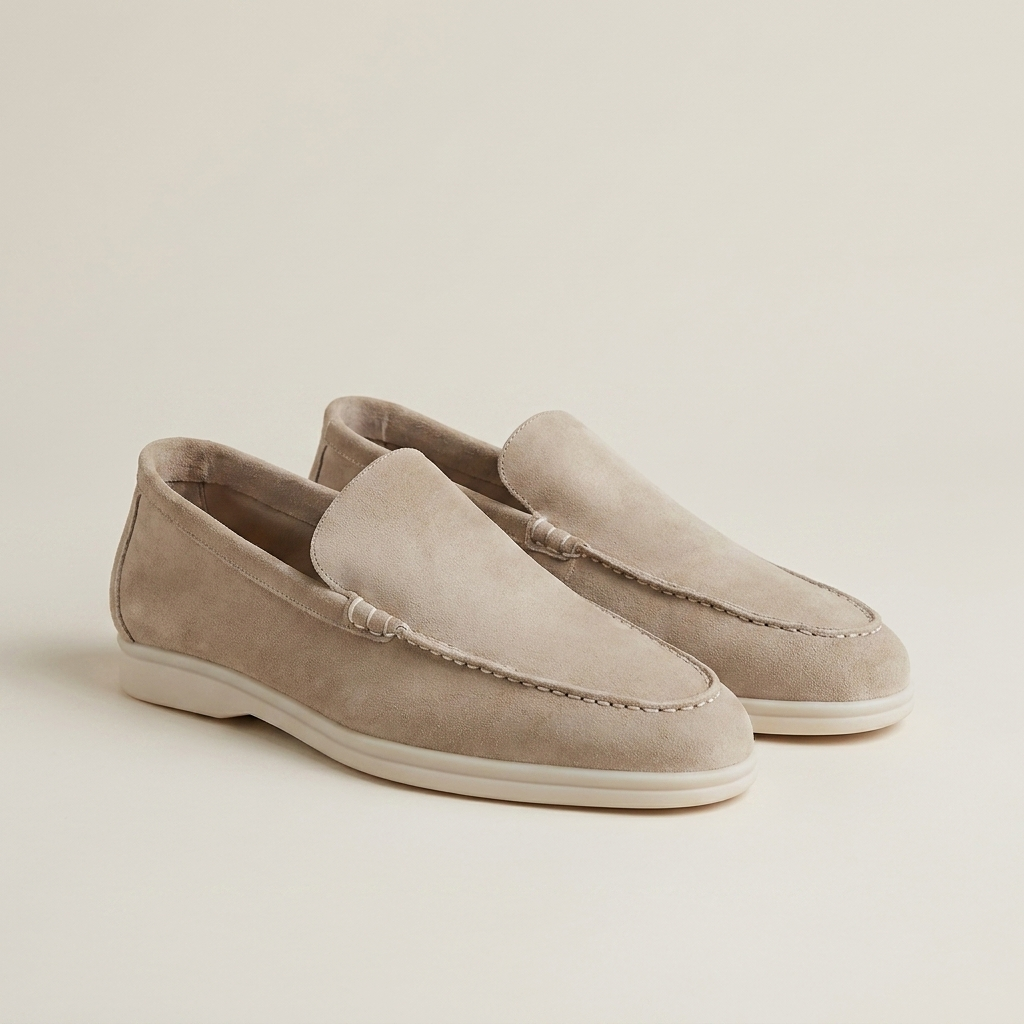 Close-up top detail of camel suede loafer shoe showing natural leather insole and breathable mesh lining