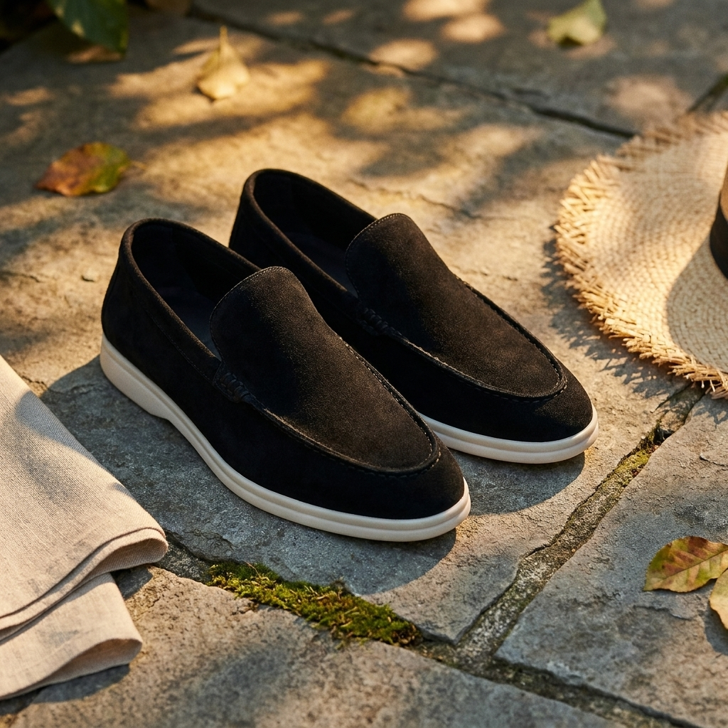 Charcoal suede loafer shoe lifestyle scene on garden flagstone outdoors with natural light for casual summer wear