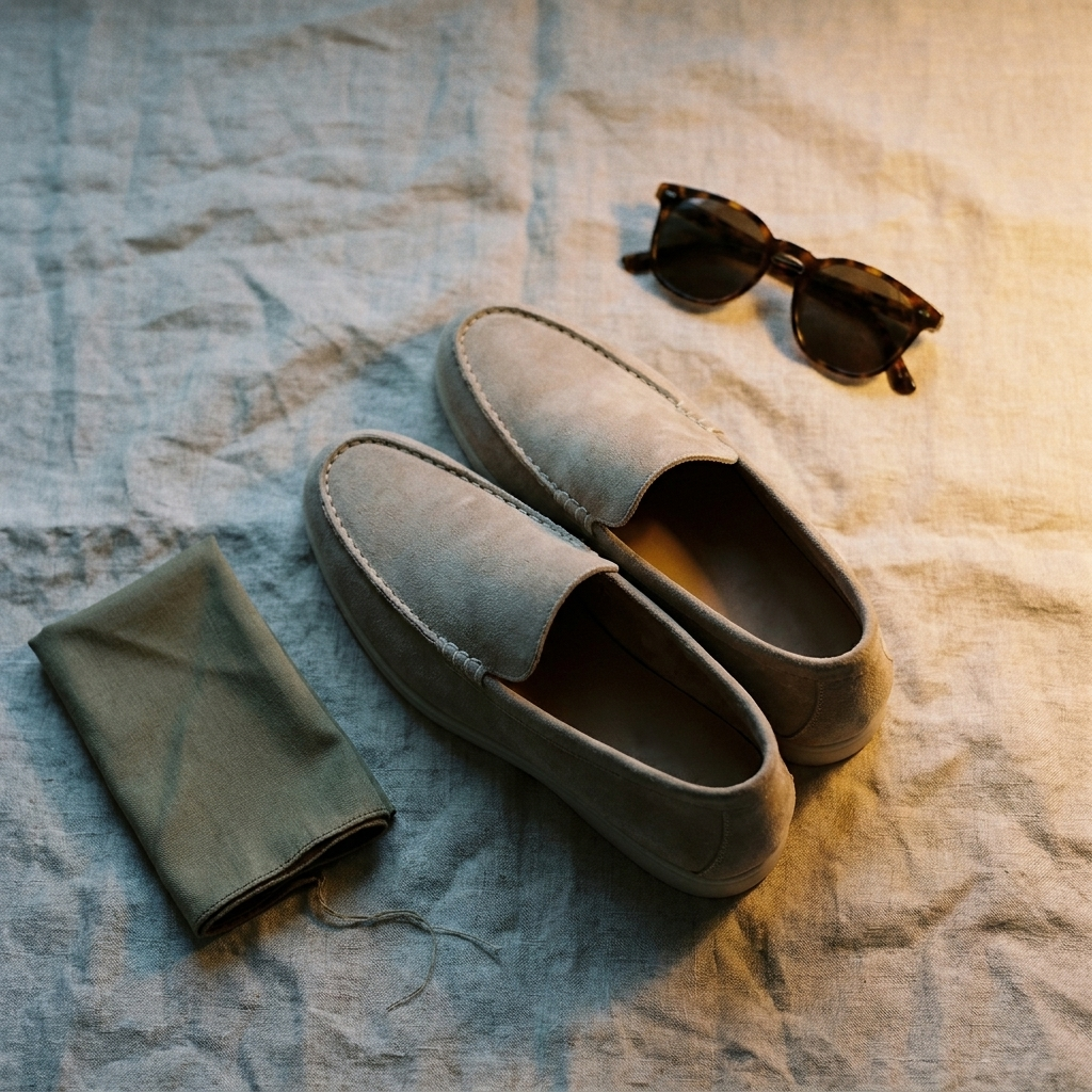 Charcoal suede loafer shoe lifestyle scene in linen flat lay top-down view with natural light