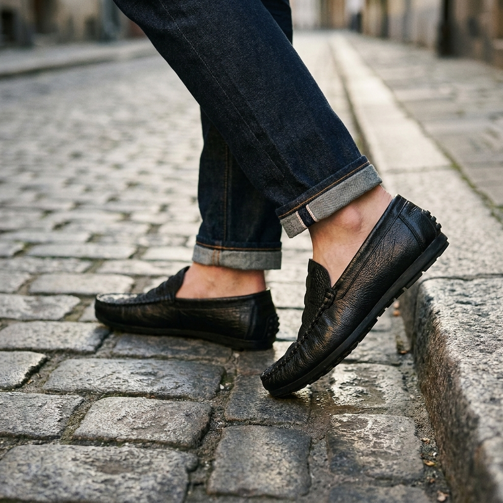 Black synthetic leather crocodile-grain slip-on loafer worn on cobblestone lifestyle scene showing low collar and flat heel