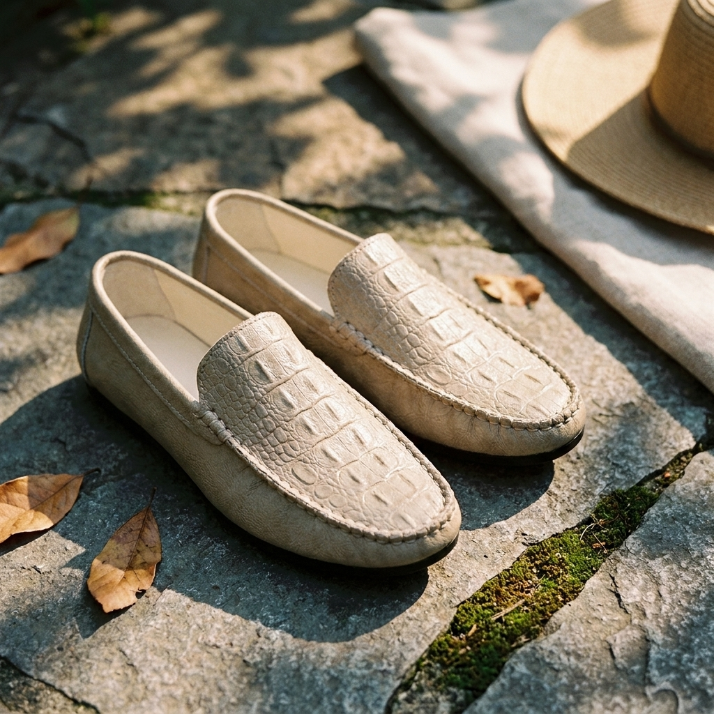 Black synthetic leather crocodile-grain slip-on loafer lifestyle scene on garden flagstone showing side profile and round toe