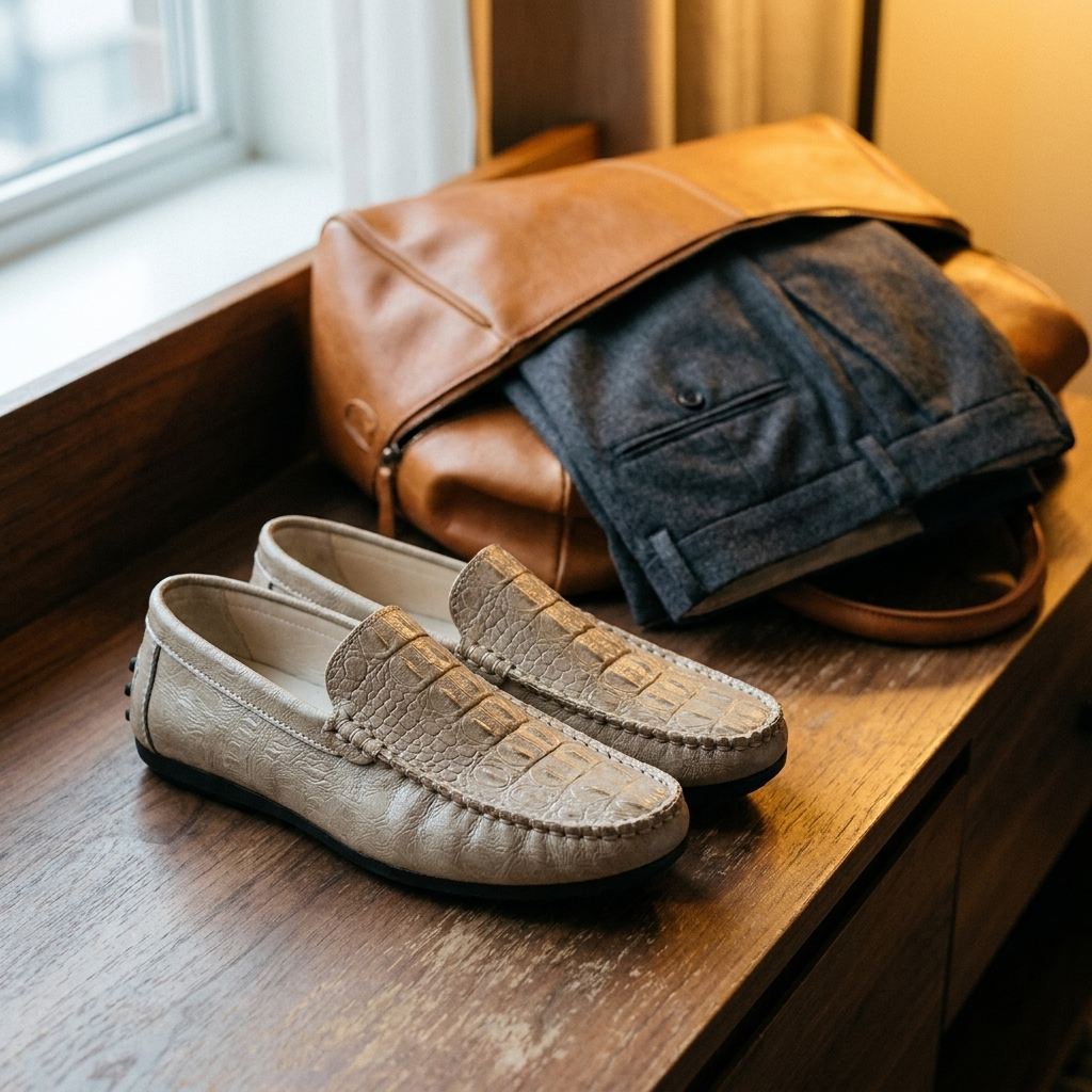 Black synthetic leather crocodile-grain slip-on loafer lifestyle scene on hotel luggage bench in ambient room showing round toe