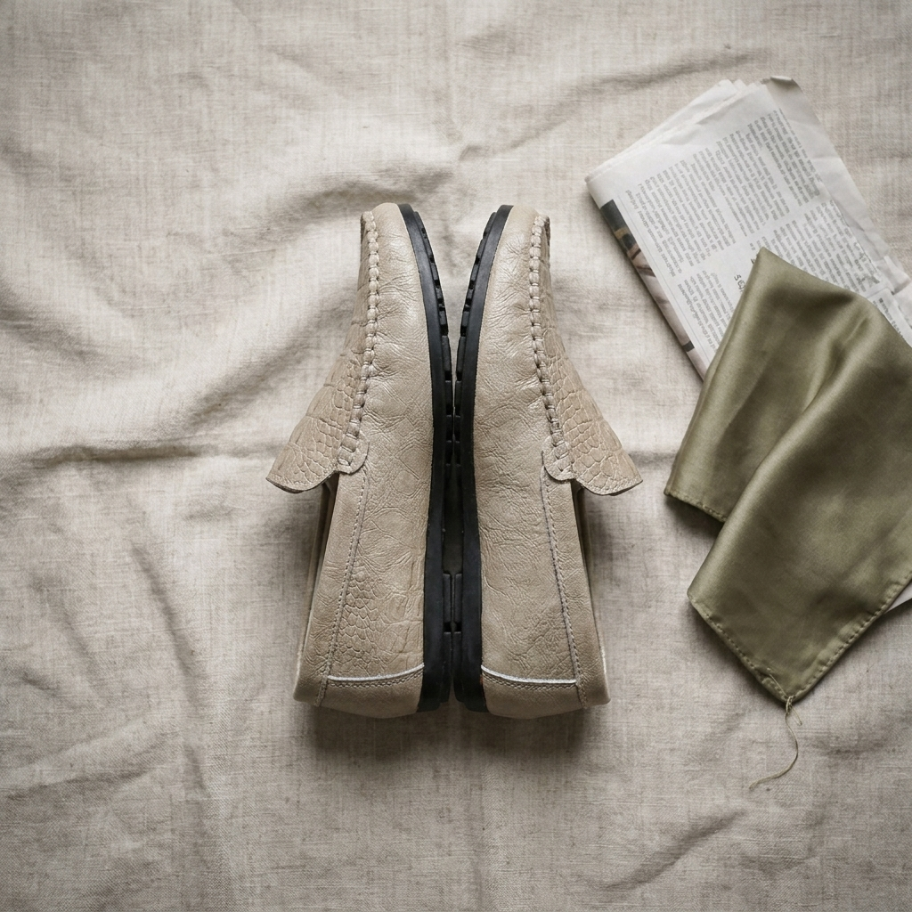 Black synthetic leather crocodile-grain slip-on loafer lifestyle top-down flat lay on linen fabric showing crocodile texture
