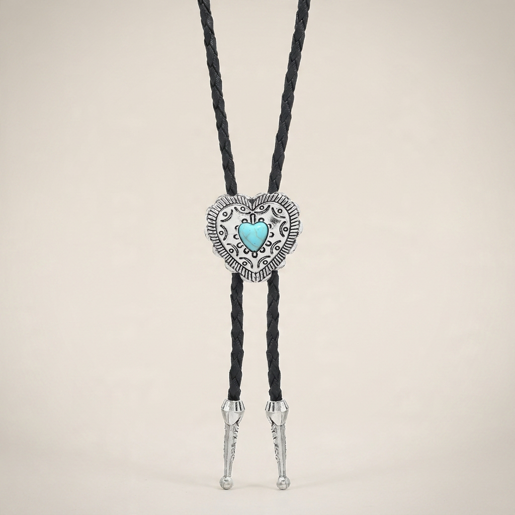 Turquoise heart zinc alloy pendant necklace with braided black leather shown front view in vintage rococo style