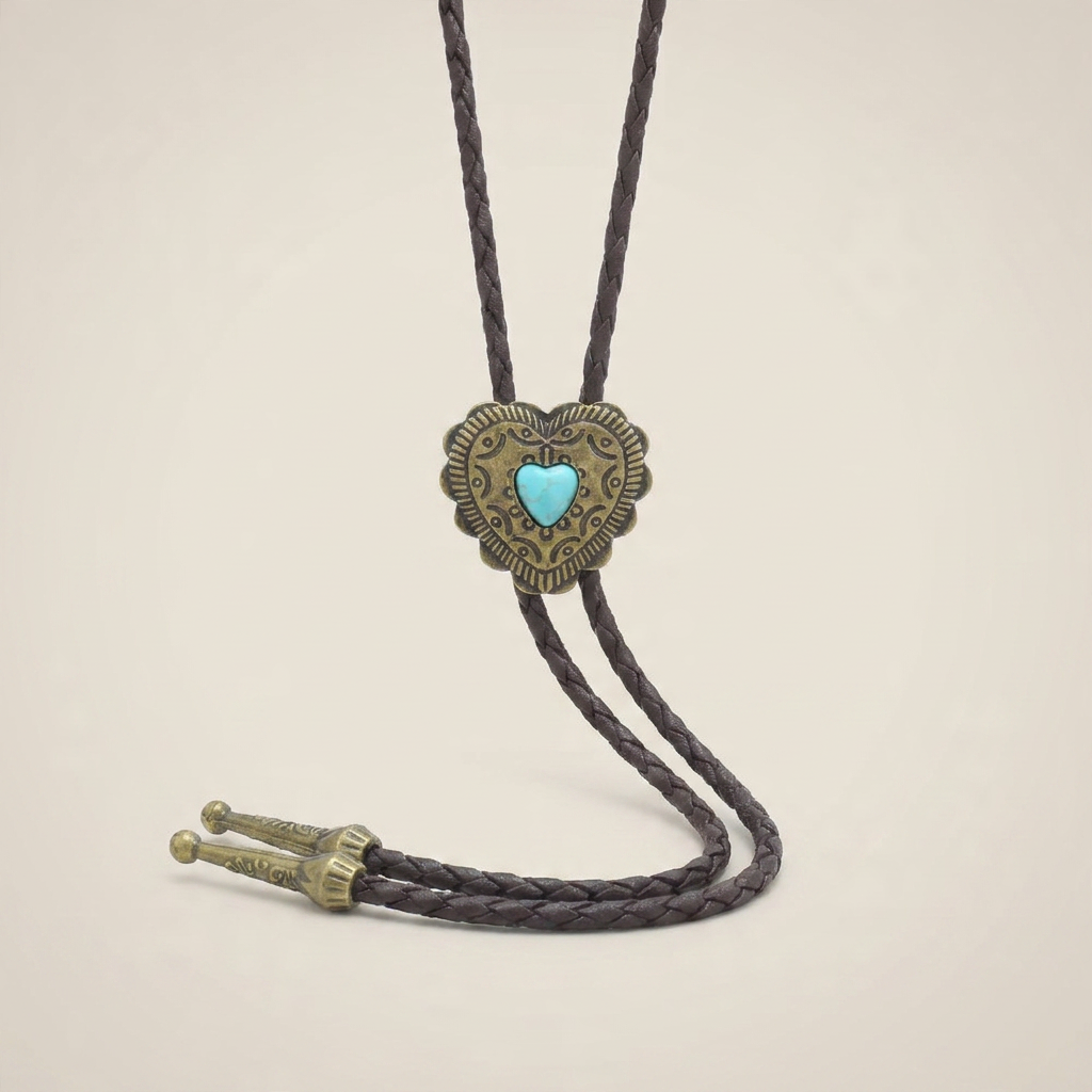 Top-down flat lay of turquoise heart pendant with braided black leather showing white K accent and geometric design