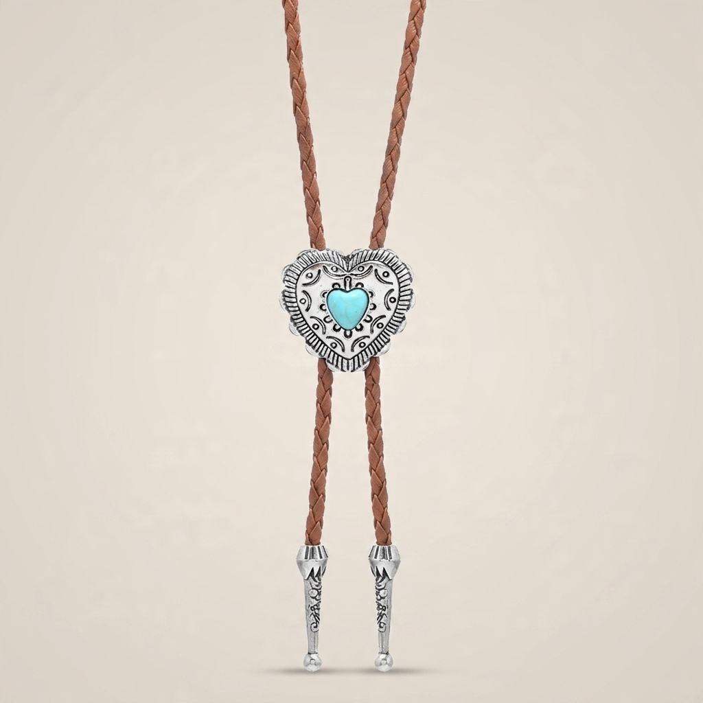 Close-up detail shot of turquoise heart pendant with braided deep coffee leather and antique bronze finish