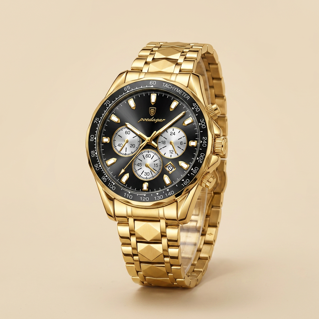 Two-tone alloy round luminous quartz chronograph sports watch close-up with gold case, blue dial, moon phase display and tachymeter bezel