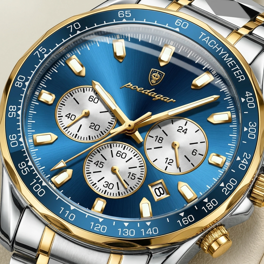 Two-tone alloy round luminous quartz chronograph sports watch front detail showing mixed metal case, black dial and onion-head crown close-up