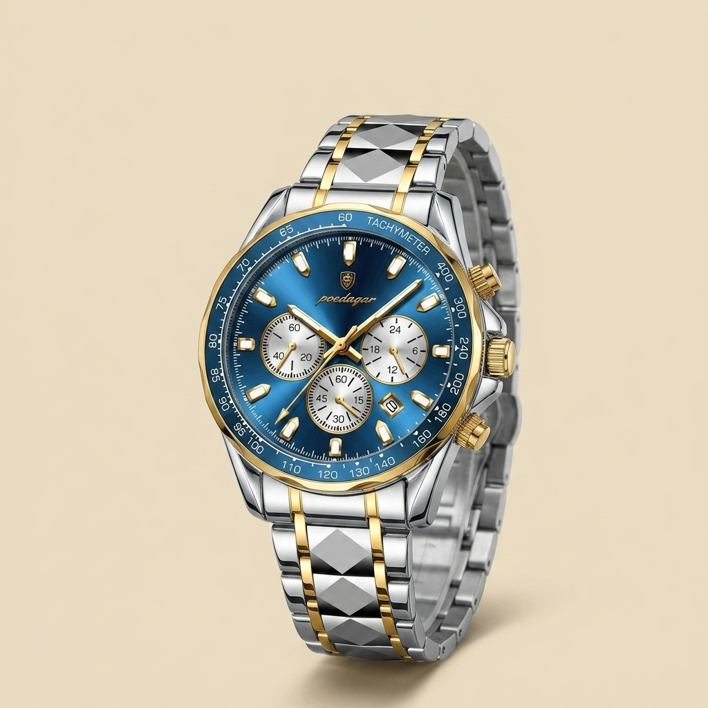 Two-tone alloy round luminous quartz chronograph sports watch front view with blue dial, tachymeter bezel, and luminous dial visible