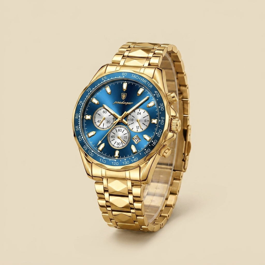 Two-tone alloy round luminous quartz chronograph sports watch front view with mixed metal case, white dial, date window and luminous hands