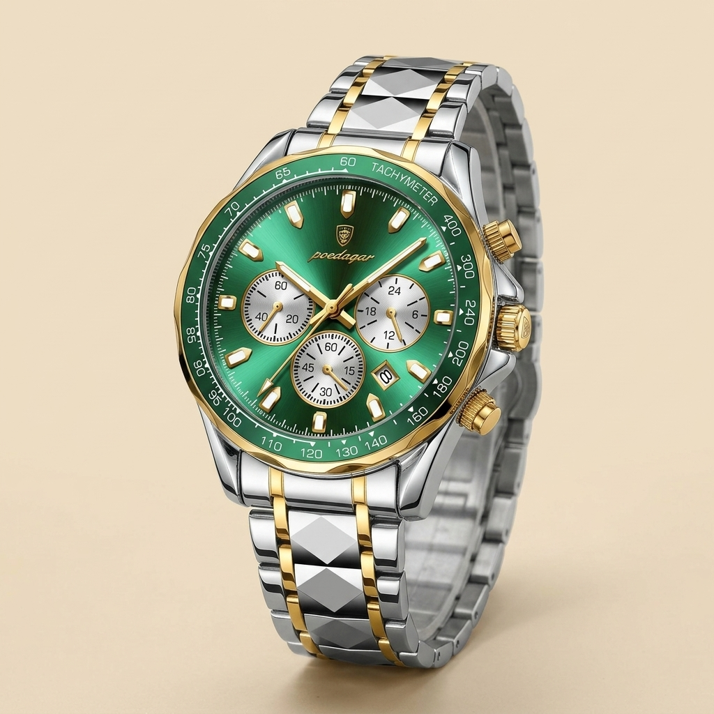 Two-tone alloy round luminous quartz chronograph sports watch side profile with gold case, blue dial and luminous hands detail shot